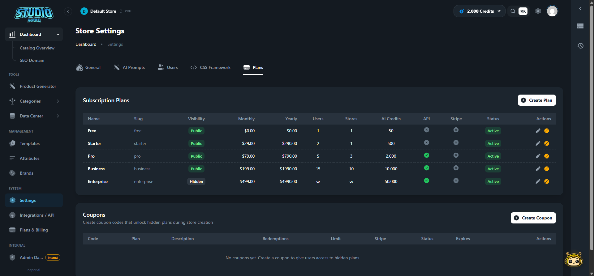 Billing Integration - plan settings