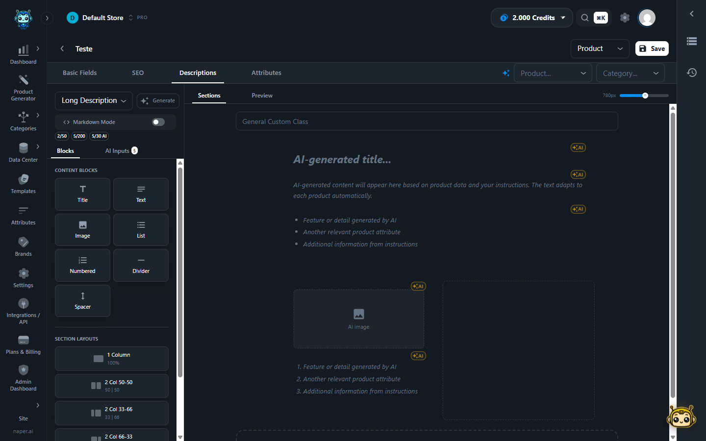 Template Blocks - long description editor with content blocks and section layouts