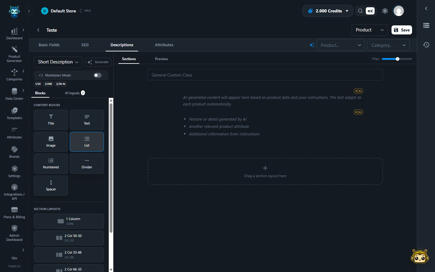 Template Blocks - short description editor with text and list blocks