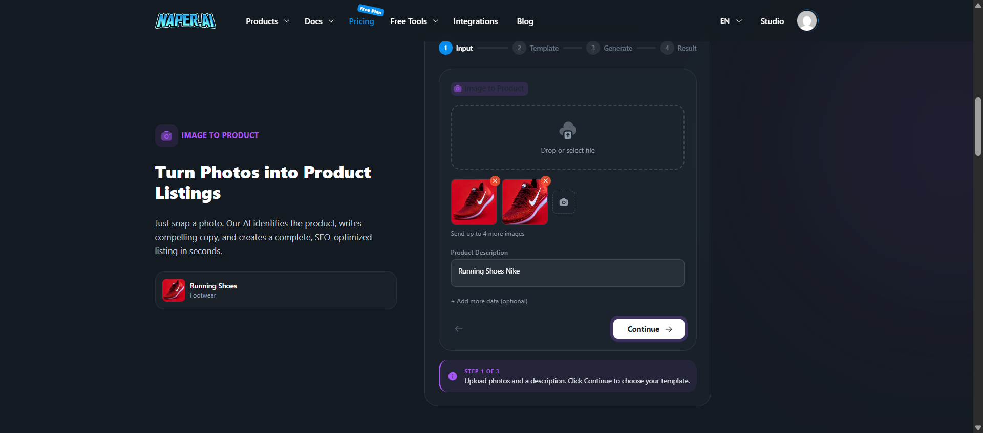 Product Generator — input wizard with pre-filled data