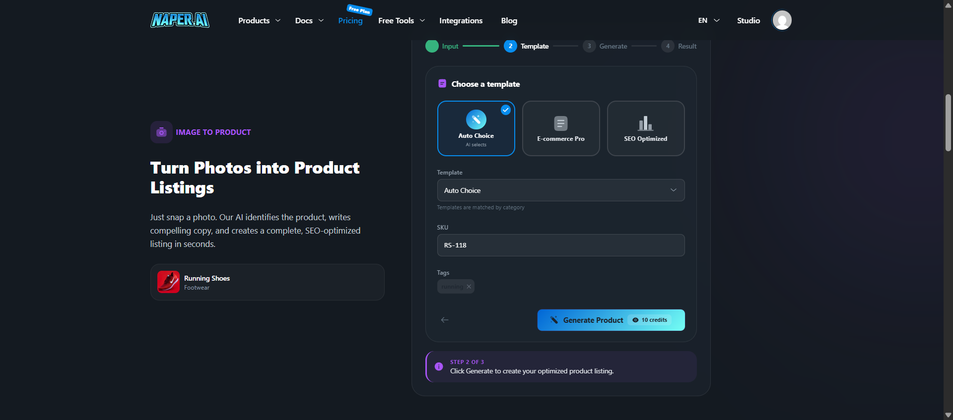 Product Generator — pick a template or let AI choose